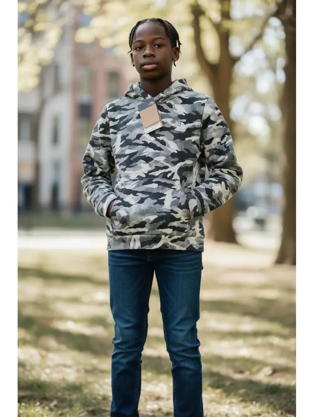 The North Face Youth Large Evolution Pullover Hoodie - Smoked Pearl/TNF Camo